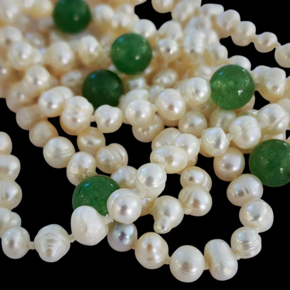 Extra long pearl necklace with green apple quartz hand knotted pearls L511 -Q5